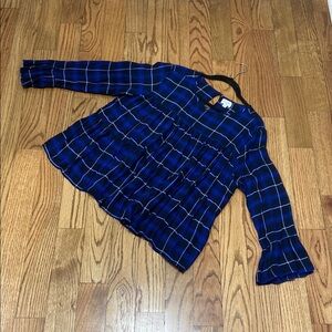Blue Plaid Long Sleeve Blouse Size L